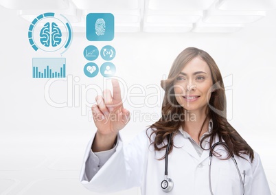 Female doctor pretending to touch healthcare icons against white background