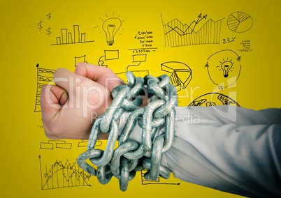 Digital composite image of hands tied with metal chain