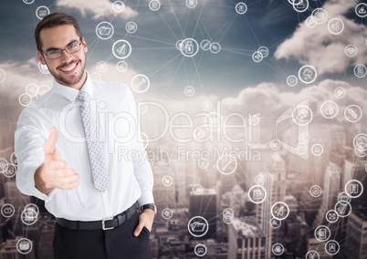 Man offering hand for handshake and cityscape with connecting icons in background