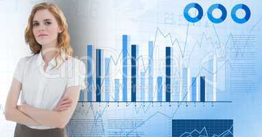 Businesswoman standing with her arms crossed against bar graph analysis background