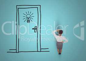 Businesswoman standing on graphic door and light bulb