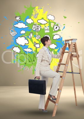 Businesswoman holding briefcase climbing on step ladder and graphics on wall in background