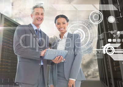 Digitally generated image of businessman and woman using digital tablet