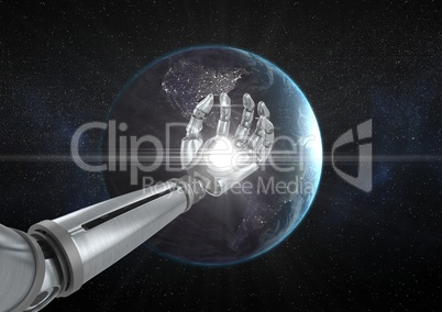 Robot hand with white light in front of globe