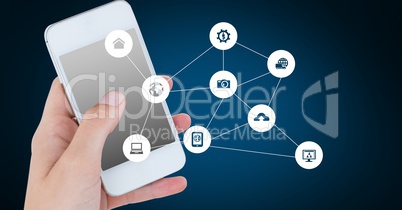 Hand of woman using mobile phone with connecting icons