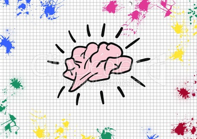 Brain shape on paper with color splashes