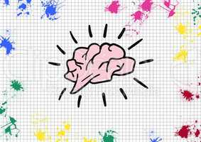 Brain shape on paper with color splashes