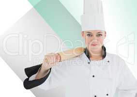 Chef standing with rolling pin against white green background