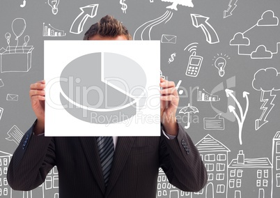 Businessman holding sheet with pie statistics in front of his face with arrows marks on grey backgro