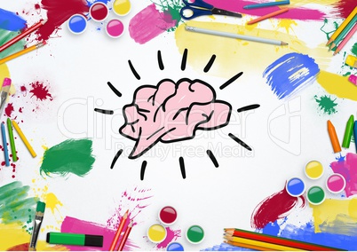 Colorful tools surrounded by drawn brain