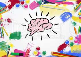 Colorful tools surrounded by drawn brain