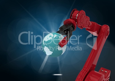 Robotic arm holding globe against blue background