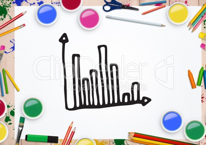 Hand drawn bar graph with water colors and coloring pencil on white background