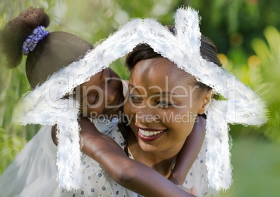 Cheerful mother giving piggyback ride to her daughter against house outline