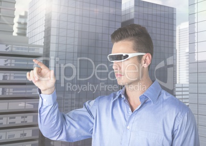 Man using virtual reality glasses and interface screen