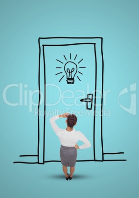 Conceptual image of businesswoman looking drawn door and light bulb