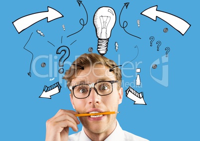 Worried man with various icons against blue background