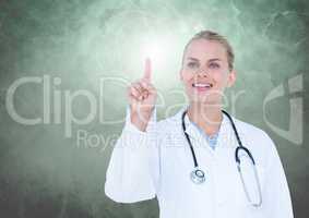 Smiling doctor touching interface screen