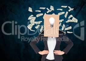 Businesswoman with box on her head and currency notes flying in backgorund