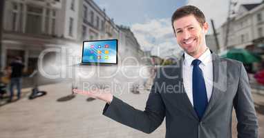 Businessman standng posture hand with laptop and cloud