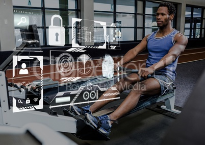 Fit man performing seated row exercise in gym against fitness interface in background