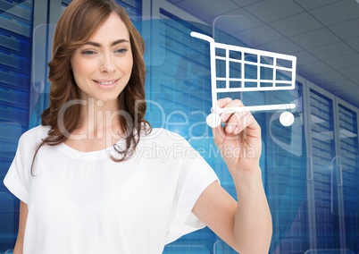 Woman drawing shopping cart sign on screen against server room in background