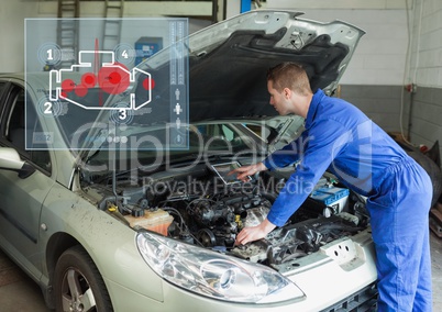Mechanic repairing car by using car mechanic interface
