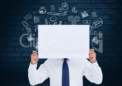 Businessman holding blank placard against business concept