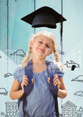 Girl with bagpack in graduation hat standing against hand drawn city background