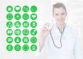Female doctor working with stethoscope and medical icons on interface screen