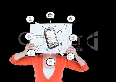Woman holding a placard with mobile phone and application icons on her face