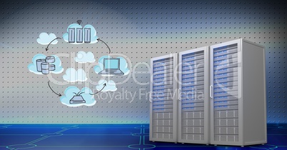 Server room with networking concept icons