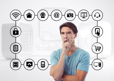 Thoughtful businessman against application icons on white background
