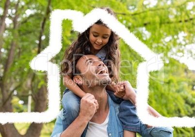 Man carrying his daughter on his shoulder against house outline in background