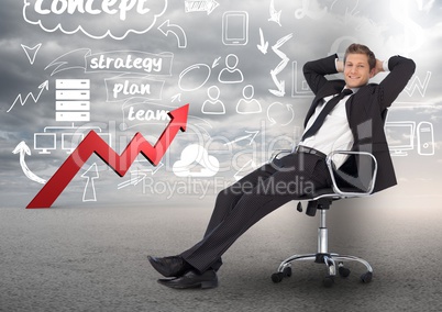 Businessman relaxing on chair against business plan concept background
