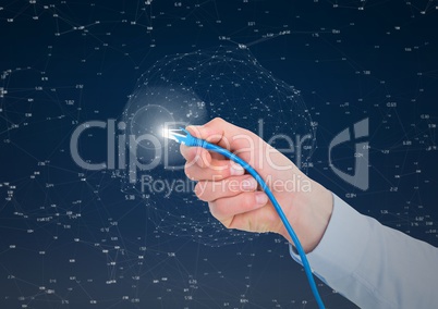 Hand holding a cable with light flare