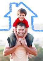 Father carrying son on his shoulders overlaid with house shape