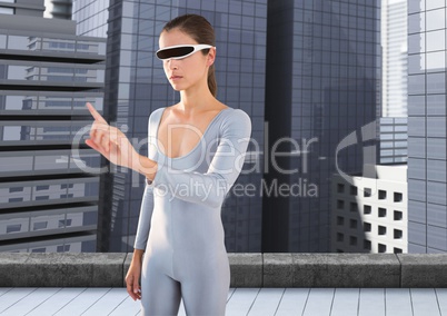 Woman using virtual reality glasses against office window in background