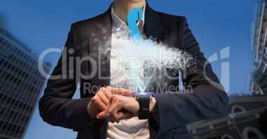 Businessman using smartwatch with clouds and icon