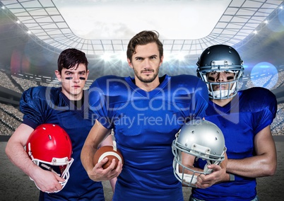 American football player standing with helmet and ball against digitally generated background