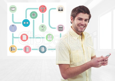 Man using mobile with application icons