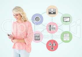 Woman using mobile phone against application icons in background