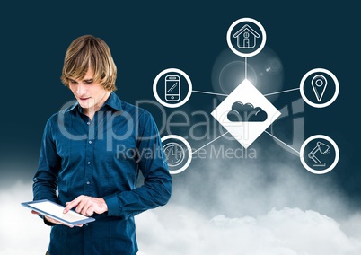 Man using digital tablet against cloud computing concept in background