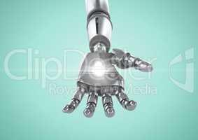 Robot hand with white light against turquoise background