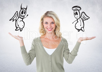 Digital composite image of smiling woman with angel and devil on her hand