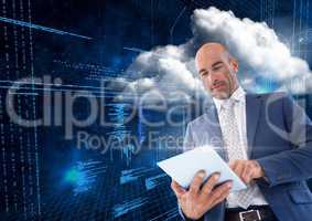Businessman using digital tablet against web binary code background