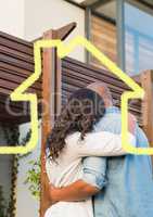 Home outline with couple hugging in background