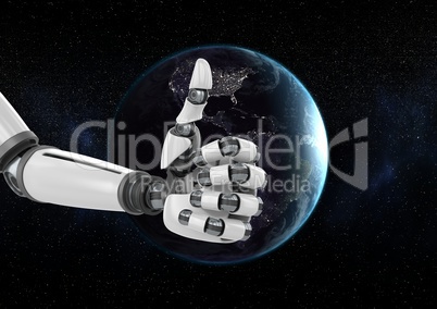 Robot hand against globe in background