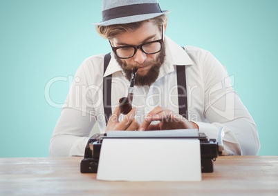Retro style man smoking pipe and using a typewriter