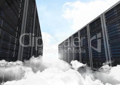 Data storage system towers against sky in background